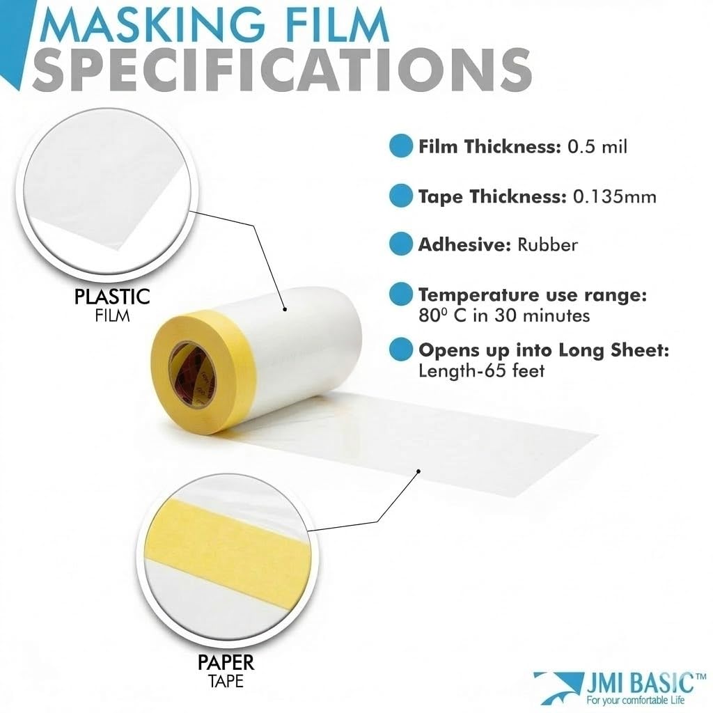 Pre-Taped Masking Film for Car Painting – 3 Pack Painters Plastic Sheeting with Automotive Tape and Drape, Paint Plastic Covering Cars, Appliance, Windows and Furniture Protection (59 Inch)