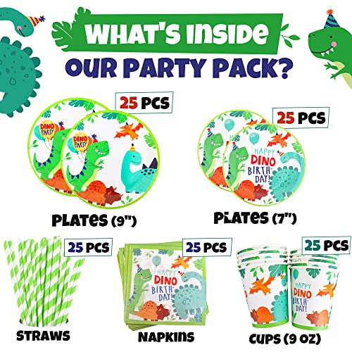 Onebest Dinosaur Party Supplies - Dinosaur Plates For Birthday Party/Dinosaur Cups/Dinosaur Napkins/Paper Straws/Dino Party Supplies For Boys Or Girls, 25 Serves #TOP1