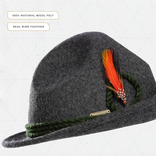 Image of BAVARIA TRACHTEN German Hat for Oktoberfest, 100% Wool Felt Bavarian Hat Men, Bird Feather - Alpine Austrian Hats - Gray