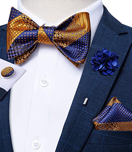 Image of DiBanGu Paisley Bow Ties for Men Silk Self Tied Bowtie and Pocket Square Cufflinks with Lapel Pin for Wedding Party