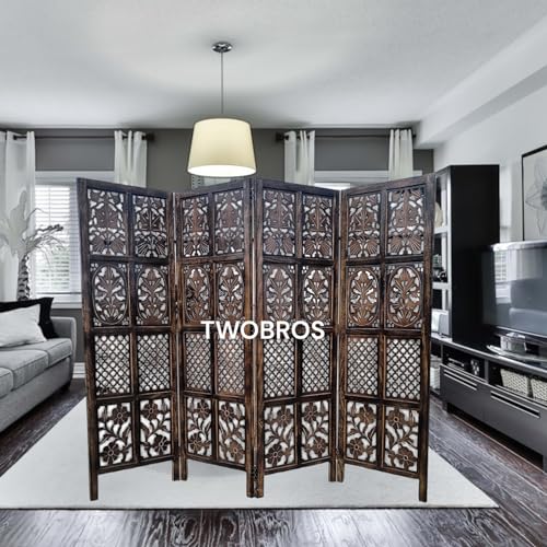 Image of Wooden Room Partition /Screen /Room Divider /Room Separator Burnt Wood Finish (Hand Buffing) Frame Traditional Handicrafts 6Ft Height (4 Panel 5 Feet)
