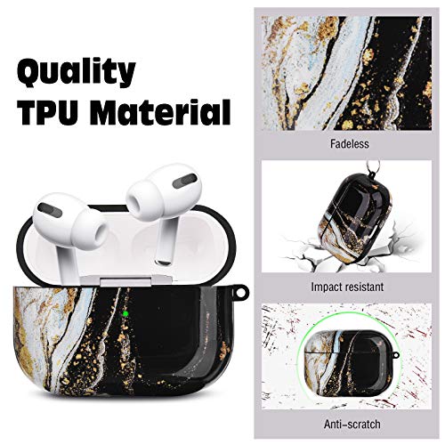 Qingqing Airpods Pro Case, Cute Marble Airpod Pro Protective Hard Case Cover Shockproof Women Girls Men With Keychain For Apple Airpods Pro Charging Case (Black Gold Wave) #TOP4