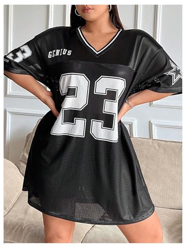 Verdusa Women's Plus Size Jersey Letter Print Sheer Tunic Dress Half Sleeve V Neck Short Tshirt Dress4