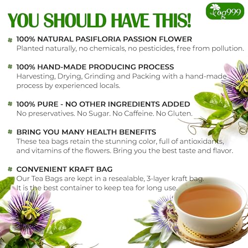 Image of TOG999, Premium 120 Pasiflora Pasion Flower Tea Bags, 100% Natural & Pure Pasiflora Passion Flower, Herbal Tea. No Sugar, No Caffeine, No Gluten, Vegan.