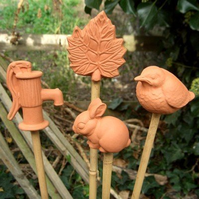 Weston Mill PotteryTerracotta cane toppers - bird, leaf, rabbit & pump (mixed set of 4)