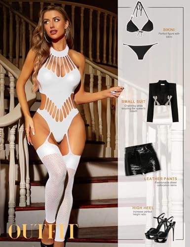 Image of GirlFriend Hot Women's Lingerie Set - Lace Babydoll Outfits 1 Piece Fishnet Bodysuit with attached Mini Skirt with Stockings Babydoll