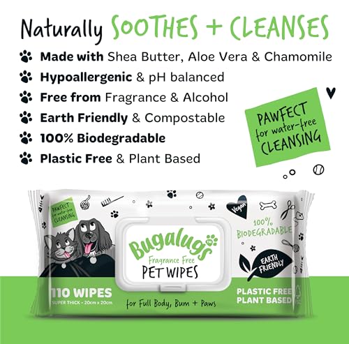 BUGALUGS Dog Wipes, 100% Plastic Free Biodegradable pet wipes for full body, eye wipes, ear wipes, bum & paws. 110 sensitive dog grooming wipes for dogs, puppy & cat grooming (Fragrance Free) - Image 5
