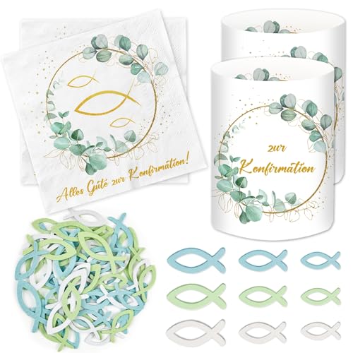 20 Stück Servietten Konfirmation + 12 Windlicht Tischdeko+ 60 Holzfische Streudeko Konfirmation Deko Junge Mädchen Eukalyptus Grün Party Geschenke Gastgeschenke Tischdekoration Holz Fische Deko
