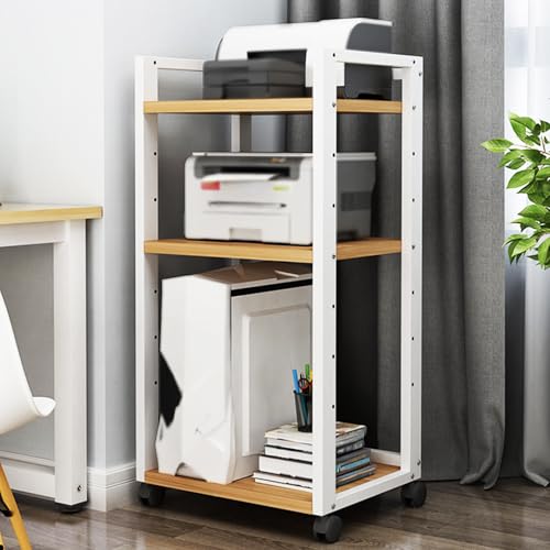 Movable Audio Stand Media Player Stand Adjustable Multi-Function Shelf Cabinet,Record Player Audio Rack Tower,3 Tier Corner Entertainment Center,Modle Storage Display Shelf ,White+natural,100cm/39.3in