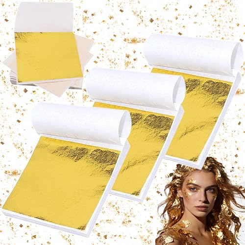 Rliocvhe 300 Piezas Hojas Pan de Oro de Imitación, 8,5 x 8 cm Hoja de Oro para Artesanía, Decoración Dorada de Muebles, Guirnaldas, Fiestas, Arte de Uñas