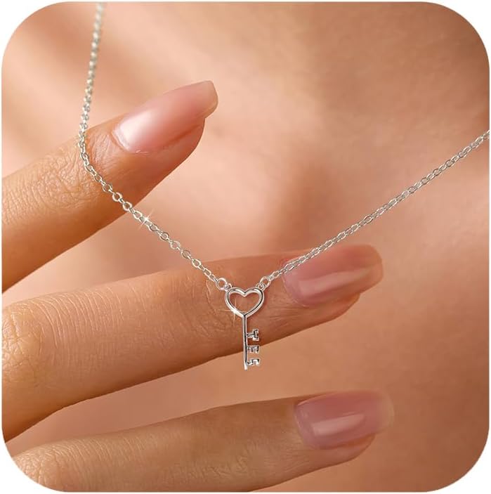 14K Gold Plated Heart Key Necklaces for Women Couple Dainty 925 Sterling Silver Skeleton Key Charm Pendant Necklace Dainty Hollow Love Heart Minimalist Chain Jewelry Gifts for Girlfriend
