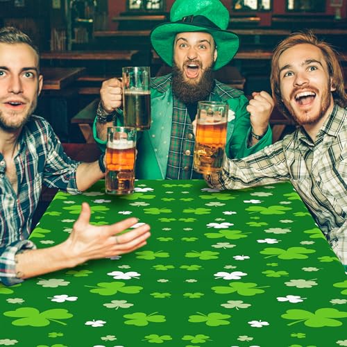 Image of 12 PCS St Patricks Day Tablecloth, Disposable 108 inch X 54 inch Shamrock Green Plastic Tablecloths, Lucky Shamrock Decor St Patricks Day Decorations for Table, Rectangle Irish Table Cover for Green Party