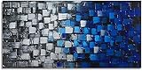 Textured Abstract Squares Canvas Wall Art Hand Painted Modern Dark Blue and Silver Oil Painting...