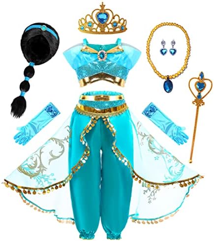 Mecamelon Arabian Princess Fancy Costume for Girls Halloween Dress Up (Wig Blue Set, 5 Years)