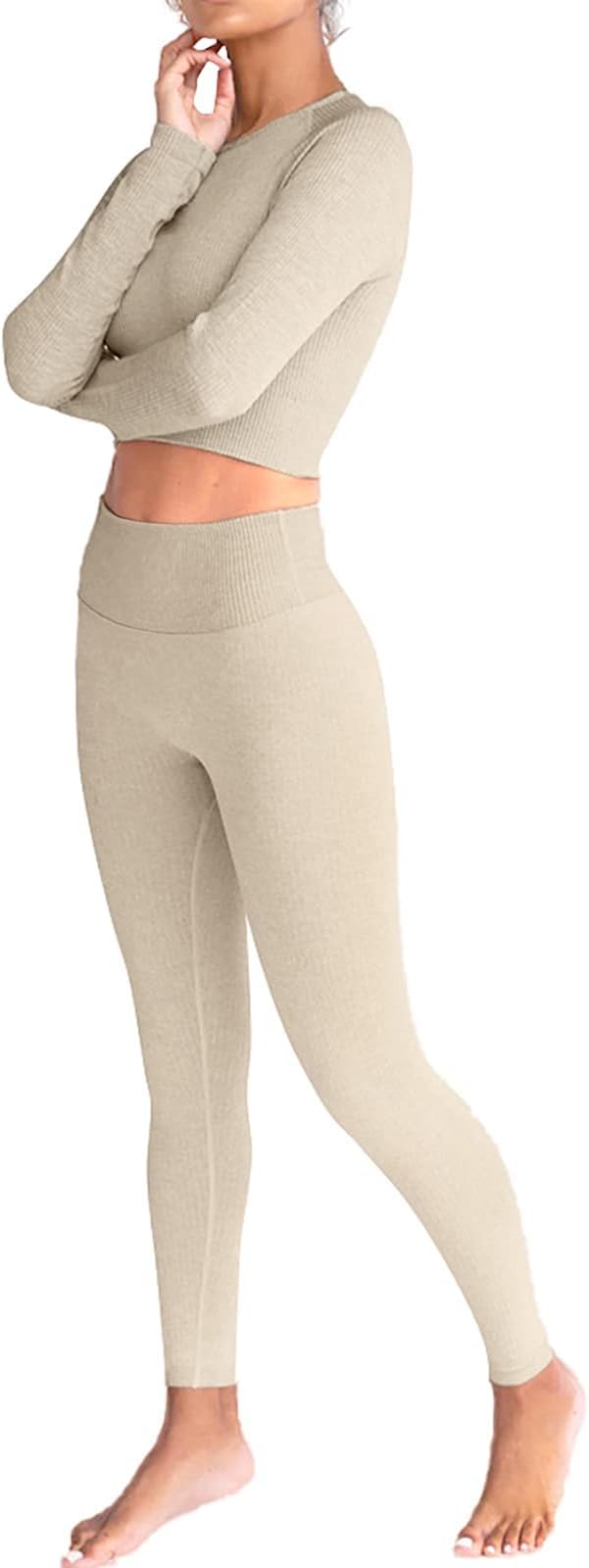 JetjoyExercise Outfits for Women 2 Pieces Ribbed Seamless Yoga Outfits Sports Bra and Leggings Set Tracksuits 2 Piece