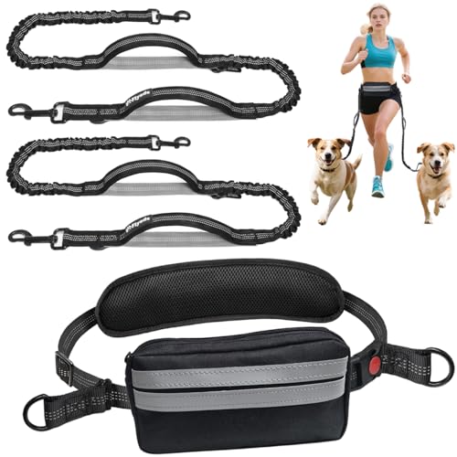 Fiyade Laisse mains libres avec ceinture pour chiens, jogging et course, sac banane détachable - Taille moyenne et grande