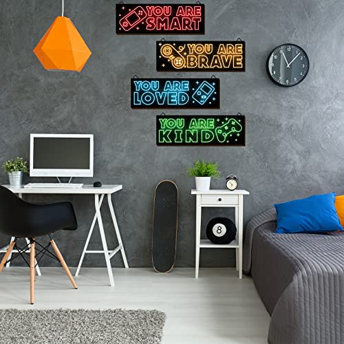 YLOLUL 4pcs Neon Game Art Prints, Wood Wall Art Decor for Boys Room, Gamer Decorations, Inspirational Quote Wall Decor, Modern Home Decor, 12 x 4 Inch, Red by YLOLUL - Image 5