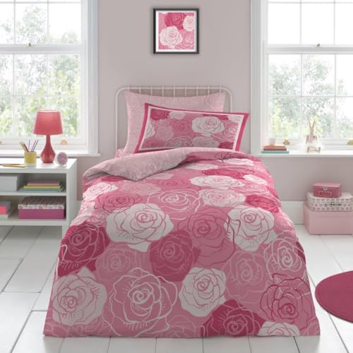 GC GAVENO CAVAILIA Rose Duvet Cover Set (135 X 200 Cm) - Reversible Kids Bedding Single Bed Set With Pillowcase - Polycotton Floral Quilt Covers Pink - Washable Linen