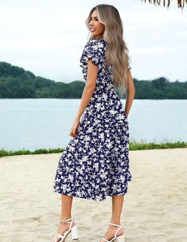 Image of Zeagoo Women's Summer Casual Dress Flutter Short Sleeve V Neck Button Down Tiered Flowy Long Dress with Pockets