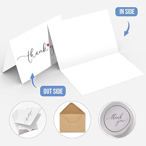 Miniatura 3 de Tarjetas de agradecimiento con sobres y calcomanías de papel de estraza, paquete a granel de 20 y 50, diseño minimalista de 4 x 6 pulgadas, grandes