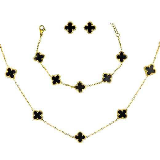 Kit Colar Choker Pulseira E Brinco Trevo Preto Gargantilha Sorte Luxo Elegante Virginia Aço Inox Dourado Inspire by Adriana