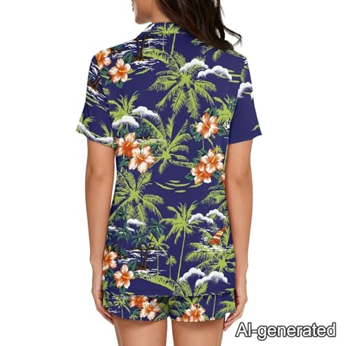 Image of Renewold Women's Short Sleeve Pajama Set Button Down Sleepwear with Notch Collar Soft Lounge Top and Shorts with Pockets
