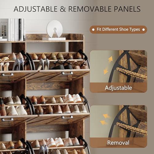 Image of Shoe Cabinet with 6 Flip Drawers, Freestanding Hidden Shoe Storage Organizer for Entryway, Narrow Slim Shoe Rack Cabinet with Open Storage & Hooks for Front Door Entrance, Living Room, Hallway, Brown