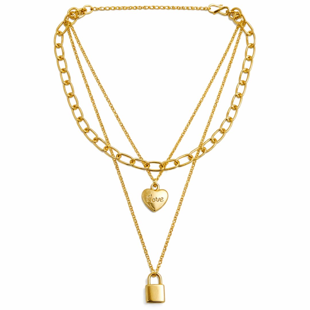 Layered Gold Chain Necklace for Women, 3 Layer with Heart and Padlock Pendant, Statement Jewelry, Adjustable Length-image-37