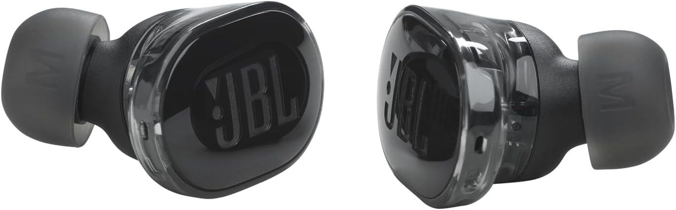 Two JBL Tune Buds earbuds shown from a side angle, highlighting their in-ear design.