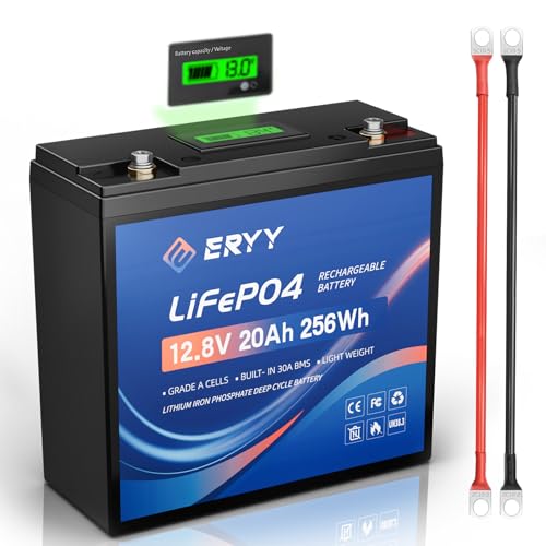 ERYY 12V 20AH LiFePO4 Lithium Battery with 30A BMS & LCD Voltmeter, Grade A Cells, 5000+ Deep Cycles Portable Rechargeable Lithium Iron Phosphate Battery for Fish Finder, Camping Lights, Solar Panel