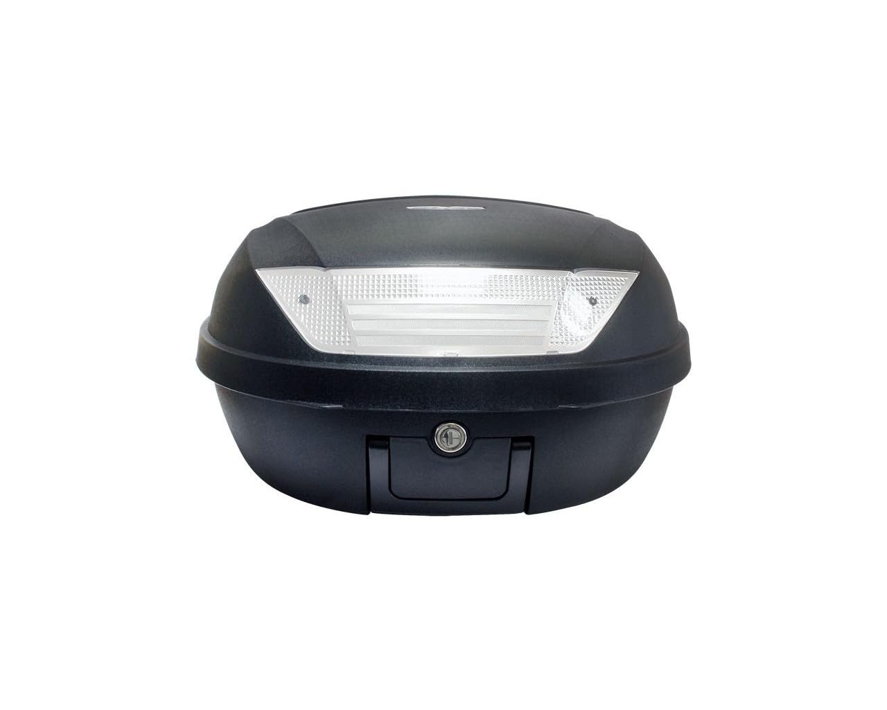 Baúl para moto S-Line de 52 l, negro mate. Dimensiones: 58 x 45 x 32,5 cm (para 2 cascos), placa y asa.