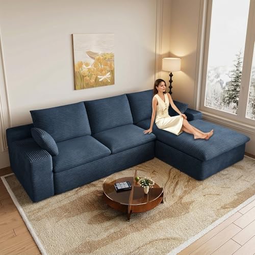 Image of 107 inch Cloud Couch Modular Sectional Sofa for Living Room, L-Shape Boneless Couch with Deep Seat, Modern Corduroy 3-Seater, No Assembly Required (Blue,Right-Facing Chaise)