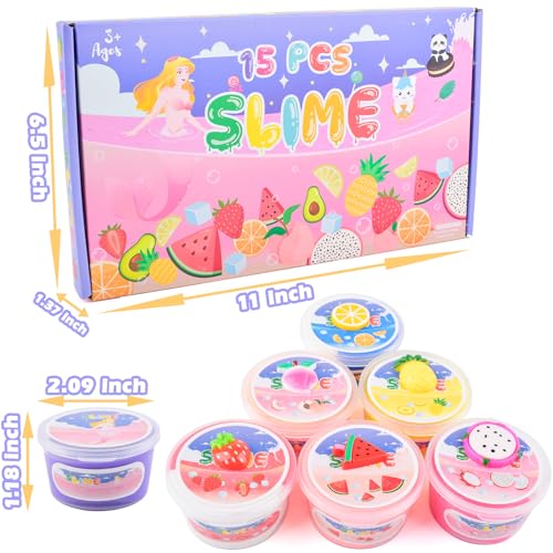 15 Pack Butter Slime Kit with Fruits Charms, Birthday Gift for Kids, Slime Party Favors for Girls and Boys, Super Soft & Non-Sticky, Scented Slime, DIY Stress Relief Toy - Image 5