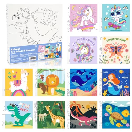 CONDA 12 Pcs Pre Drawn Canvas to Paint 6x6 Inch Animal Pre Printed Canvas for Painting for Beginners Students DIY Paint Art Supplies Painting Canvas Panels and Sip Kit