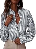 Astylish Women's Casual Ruffle V Neck Dressy Shirts 2025 Fall Button Down Tops Loose Long Sleeve Gingham Plaid Blouses Top Gray X-Large