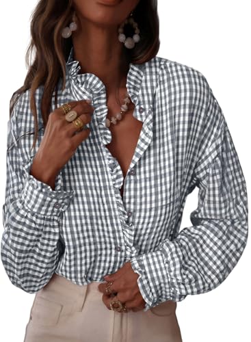 Astylish Womens Plaid Ruffle V Neck Button Down Blouse Casual Long Sleeve Gingham Trendy Tops Work Checkered Shirt