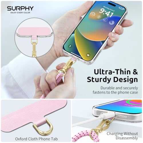 Image of SURPHY Phone Lanyard Crossbody, Phone Strap Crossbody with 2 Tether Tabs | Adjustable Cell Phone Lanyard, Anti Theft Phone Strap, Premium Metal Buckles, Universal Lanyard for Travel, Blush Speckle