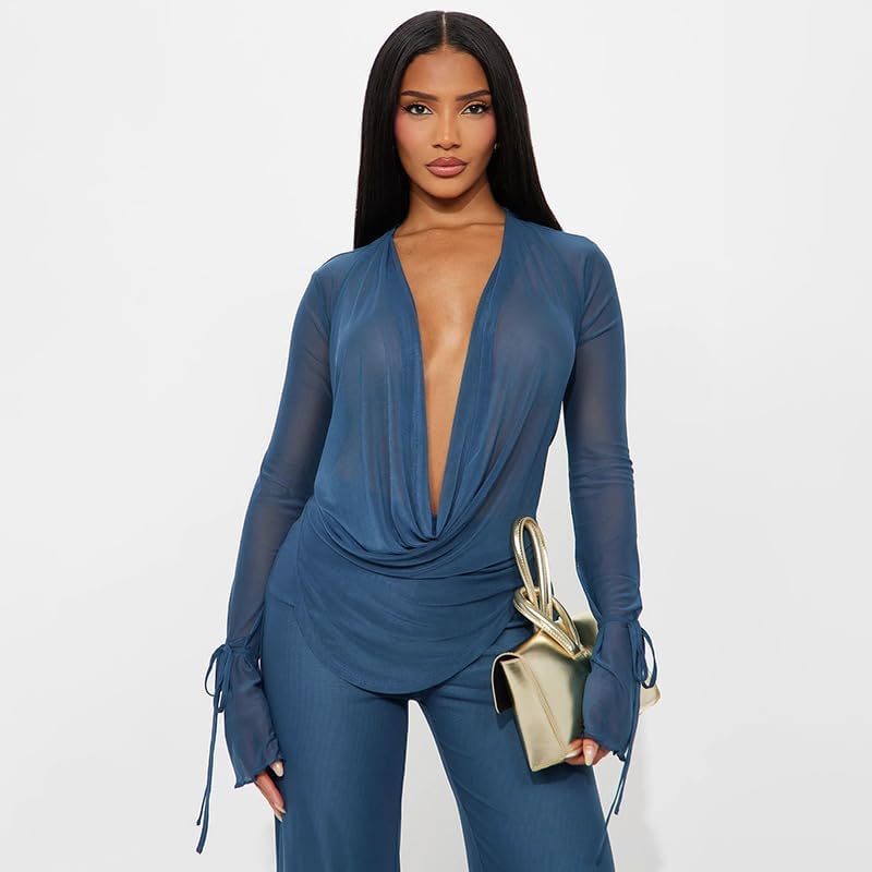 Women's Sexy 2 Piece Outfits Mesh See Through Deep V Neck Top and Long Pants Set Going Out Club Outfit - Image 2