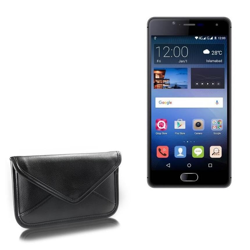 BoxWave Case Compatible with QMobile Noir A6 - Elite Leather Messenger Pouch, Synthetic Leather Cover Case Envelope Design - Jet Black