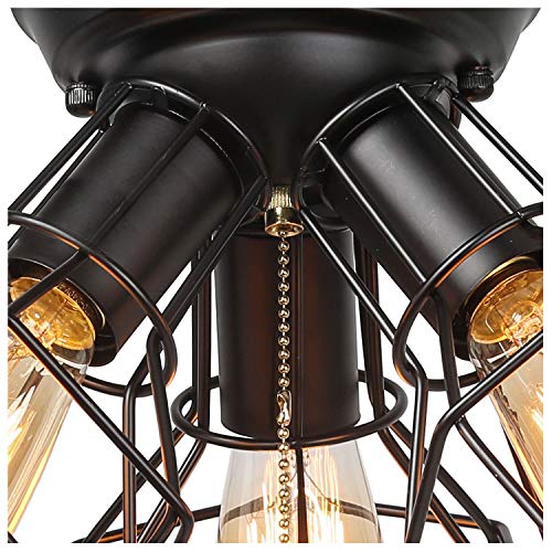Laluz Farmhouse Semi Flush Mount Ceiling Light Fixture, 3-Light Oil Black Pull String Industrial Cage Ceiling Light Fixture For Bedroom, Hallway, Kitchen, Dining & Living Room, Foyer And Bathroom #TOP4