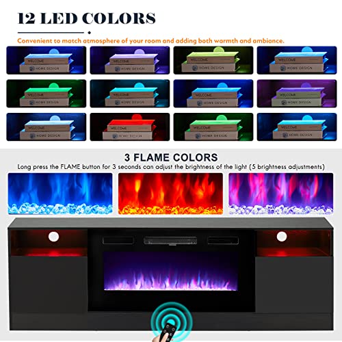 Oneinmil Fireplace Tv Stand With 36" Electric Fireplace, Led Light Entertainment Center, Modern Wood Texture Entertainment Stand With Highlight Storage Cabinet For Tvs Up To 80", 70 Inches, Black #TOP1