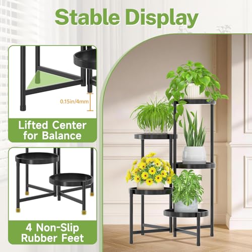 Image of iDavosic.ly 5 Tier Large Plant Stand Indoor with Grow Light, Tiered Corner Metal Outdoor Flower Display Holder Shelf with 10 Inch Wide Tray, Folding Tall Rack for Patio Porch Living Room, Black
