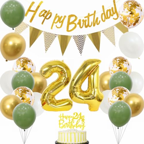 Yunchu Online 24 Geburtstag Deko Frauen Manner 24 Jahre Geburtstag Party Dekoration 24.Tortendeko Sage Grün Weiß Gold Party Ballons