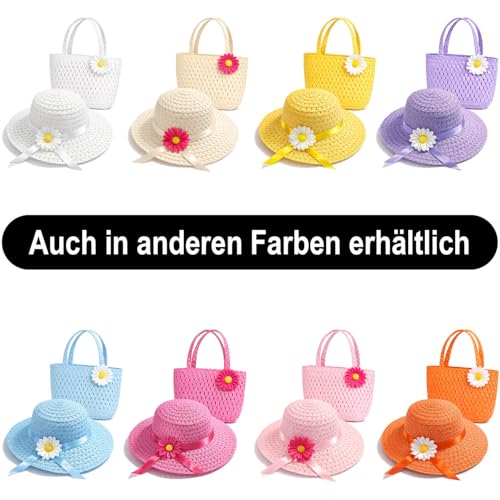 com-four® Mädchen Sommerhut mit Tasche – Strohhut Set mit Blume – süßer Sonnenhut für Strand, Urlaub und Freizeit – Leichter Sommerhut mit passender Handtasche (Weiß)