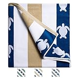 cabanana Plush Oversized Beach Towel - Cotton Fluffy 35 x 70 Inch Almond Blue Jacquard Turtle Striped Pool Towel, Large Summer Swim Cabana Towel