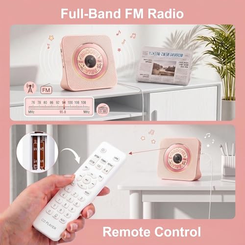Image of Gueray CD Player Portable Bluetooth Desktop CD Player for Home with Timer Built-in HiFi Speakers with LCD Screen Display Boombox FM Radio USB Type-c (Pink)