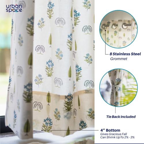 Image of Urban Space 100% Cotton Curtains for Window, 60-65% Light-Filtering Curtains 5 Feet Long Set of 2 with Eyelets and Tieback (Calico Blue, Window-5 Feet X 4 Feet)