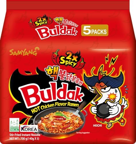 "Samyang Hot Chicken Ramen 2X Spicy Buldak Noodles, 5 X 140 grams, Non Vegetarian"