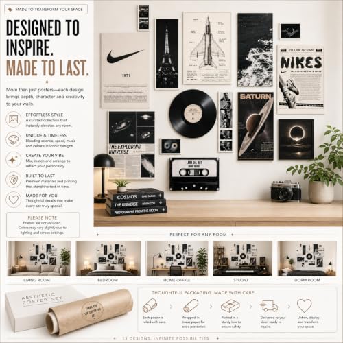Image of 11 Piece Vintage Aesthetic Poster Set | 300 GSM Multi-Sized Wall Posters with Adhesive Tape | Nike, Space, Saturn, Music & Retro Art Prints for Bedroom, Room Decor, Home Decor & Wall Art