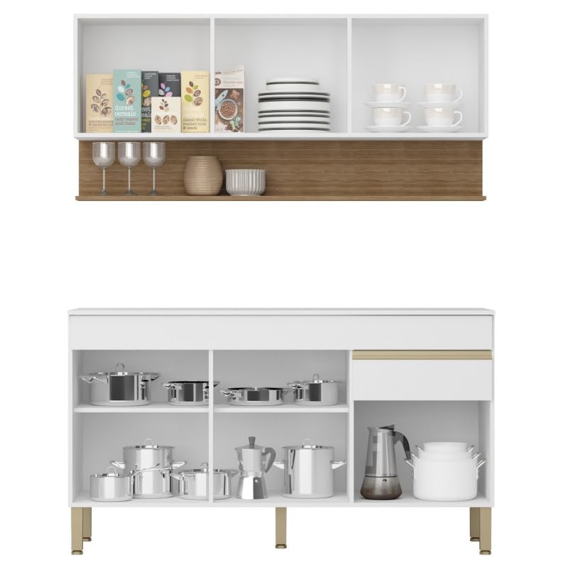 Cuisine Equipée 6 Portes 1 Tiroir Chêne et Blanc 9 NIches L 120 H 200 P 53.3 cm